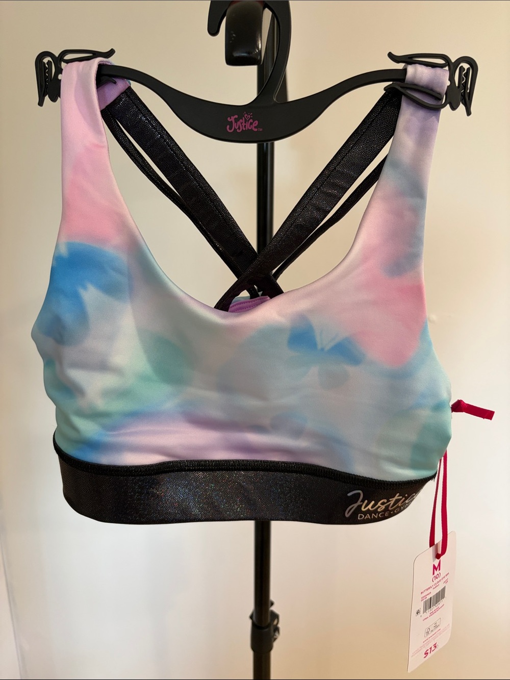 Justice Pastel Tie-Dye Sports Bra with Black Band NWT Size 10 Girls